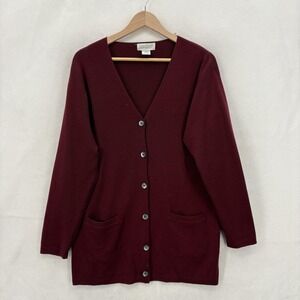 Vintage Lands' End Sweater Cardigan Womens Medium Red 100% Wool V Neck Button